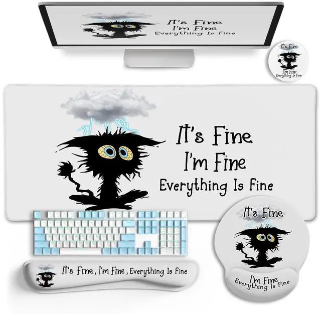 Main image of Desk Mat Set, Large Gaming Mouse Pad with Wrist Rest, Ergonomic Mouse Pad Keyboard Mat Wrist Support, Cup Coaster, Home Office Desk Accessories Decor Supplies, Funny Black Cat