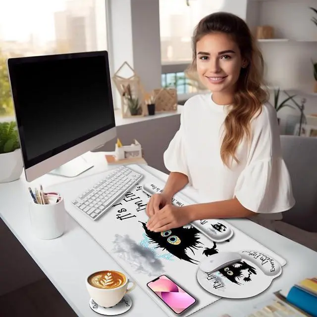 Alt view image 2 of 7 - Desk Mat Set, Large Gaming Mouse Pad with Wrist Rest, Ergonomic Mouse Pad Keyboard Mat Wrist Support, Cup Coaster, Home Office Desk Accessories Decor Supplies, Funny Black Cat