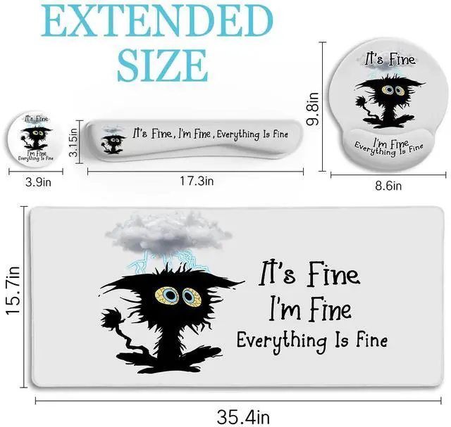 Alt view image 3 of 7 - Desk Mat Set, Large Gaming Mouse Pad with Wrist Rest, Ergonomic Mouse Pad Keyboard Mat Wrist Support, Cup Coaster, Home Office Desk Accessories Decor Supplies, Funny Black Cat
