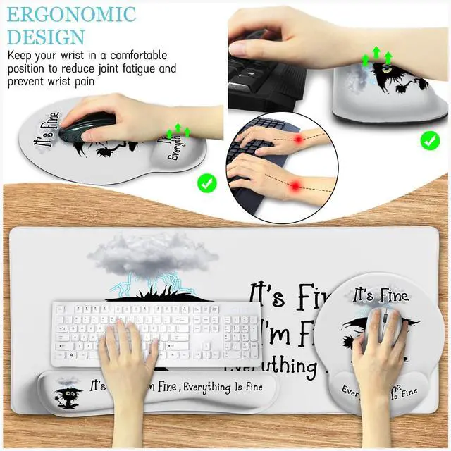 Alt view image 4 of 7 - Desk Mat Set, Large Gaming Mouse Pad with Wrist Rest, Ergonomic Mouse Pad Keyboard Mat Wrist Support, Cup Coaster, Home Office Desk Accessories Decor Supplies, Funny Black Cat