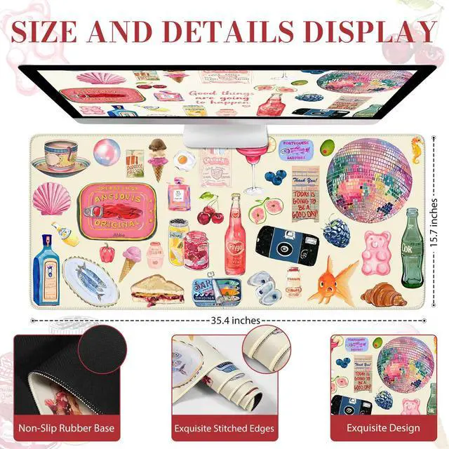 Alt view image 2 of 7 - Cute Desk Mat, Large Waterproof Mouse Pad, Non-Slip Desk Protector for Keyboard and Mouse, Aesthetic Gaming Decor for Women, Home Office, Dorm (Watercolor Stickers)
