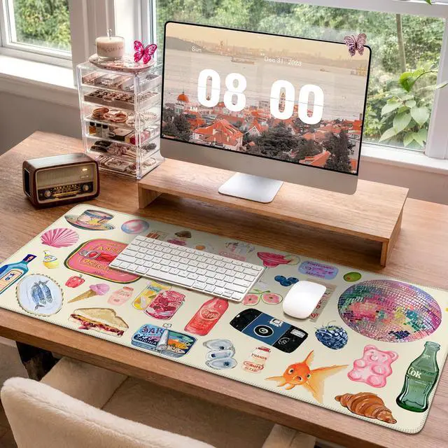 Alt view image 3 of 7 - Cute Desk Mat, Large Waterproof Mouse Pad, Non-Slip Desk Protector for Keyboard and Mouse, Aesthetic Gaming Decor for Women, Home Office, Dorm (Watercolor Stickers)