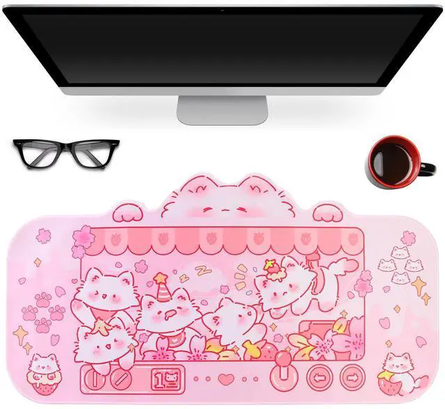 Main image of Cute Cat Desk Pad Kawaii Kitty Claw Machine Desk Mat, Pink Switch Large Gaming Mouse Pad, Funny Deskmat Mousepad, Anime Laptop Keyboard Pad Office Home Decor for Women Girls, Coral