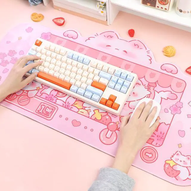 Alt view image 7 of 7 - Cute Cat Desk Pad Kawaii Kitty Claw Machine Desk Mat, Pink Switch Large Gaming Mouse Pad, Funny Deskmat Mousepad, Anime Laptop Keyboard Pad Office Home Decor for Women Girls, Coral
