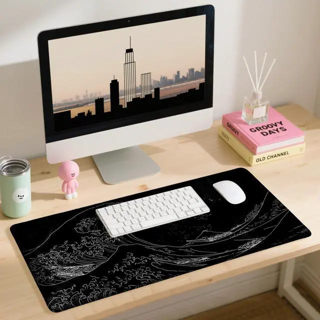 Alt view image 3 of 7 - Japanese Sea Wave Gaming Mouse Pad, Anime Gaming Mousepad, Extended Kanagawa Mat Desk Mat, Large Desk pad 31.5x11.8 Inch 2mm Thick Long Non-Slip Rubber Base Mouse Pads (White)