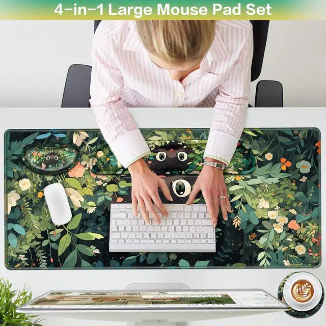 Alt view image 2 of 7 - Mouse Pad Anime, Mouse Pad with Wrist Rest, 4-in-1 XXL Large Desk Mat Kawaii Mousepad with Gel Wrist Support Keyboard Wrists Rest Coaster, Ergonomic Gaming Cat Desk Pad, Funny Cute Office Accessories