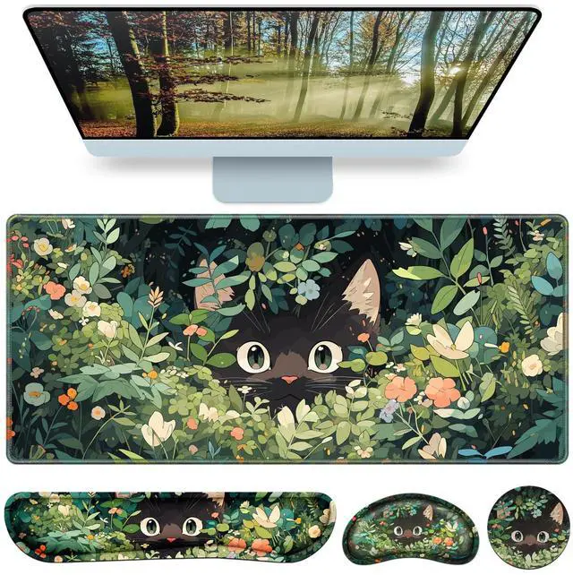 Main image of Mouse Pad Anime, Mouse Pad with Wrist Rest, 4-in-1 XXL Large Desk Mat Kawaii Mousepad with Gel Wrist Support Keyboard Wrists Rest Coaster, Ergonomic Gaming Cat Desk Pad, Funny Cute Office Accessories