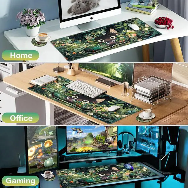 Alt view image 7 of 7 - Mouse Pad Anime, Mouse Pad with Wrist Rest, 4-in-1 XXL Large Desk Mat Kawaii Mousepad with Gel Wrist Support Keyboard Wrists Rest Coaster, Ergonomic Gaming Cat Desk Pad, Funny Cute Office Accessories