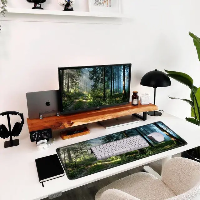 Alt view image 2 of 6 - Morning Mist Forest Mouse pad, Micro-Woven Fabric Desk pad,Large Green Tree Natural Scenery Desk mat with Sewn Edges, Anti-Slip Rubber Base, Suitable for Office laptops, Size 31.5×11.8 in