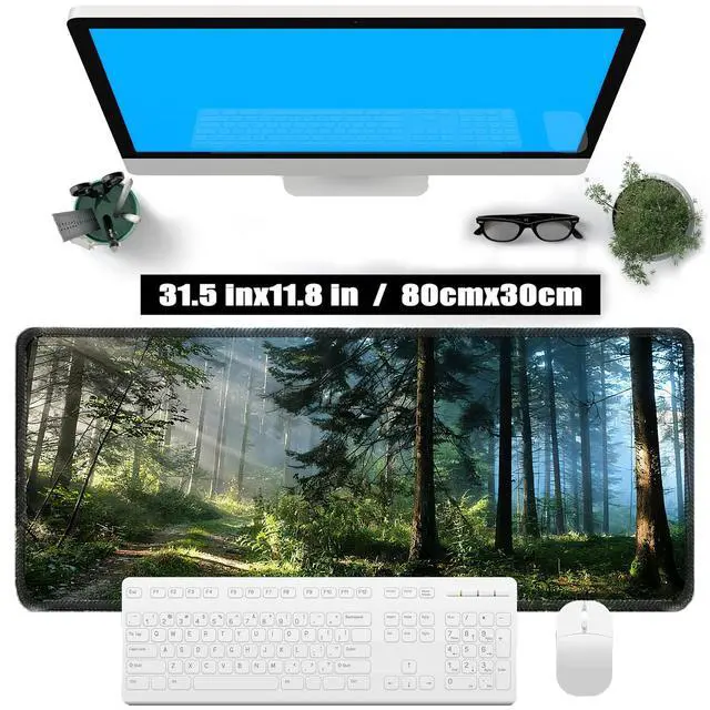 Alt view image 3 of 6 - Morning Mist Forest Mouse pad, Micro-Woven Fabric Desk pad,Large Green Tree Natural Scenery Desk mat with Sewn Edges, Anti-Slip Rubber Base, Suitable for Office laptops, Size 31.5×11.8 in