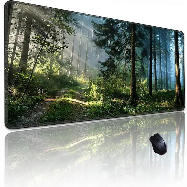Main image of Morning Mist Forest Mouse pad, Micro-Woven Fabric Desk pad,Large Green Tree Natural Scenery Desk mat with Sewn Edges, Anti-Slip Rubber Base, Suitable for Office laptops, Size 31.5×11.8 in