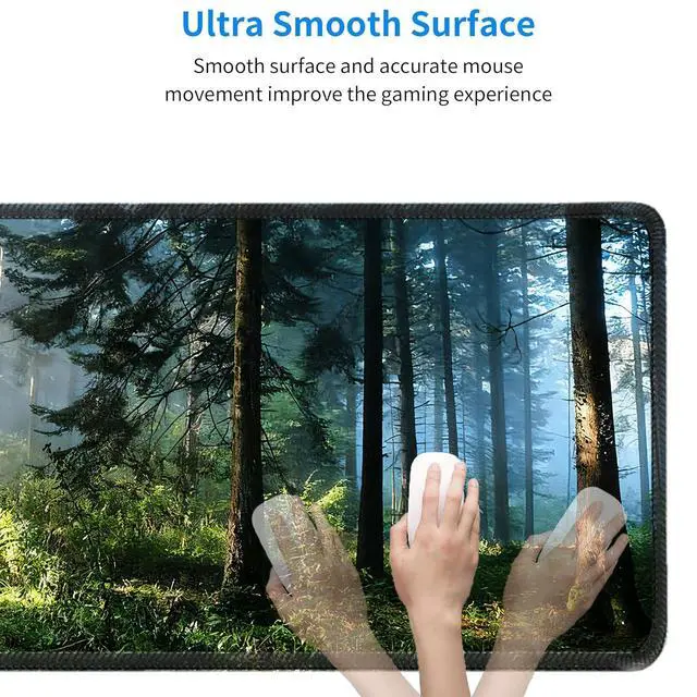 Alt view image 5 of 6 - Morning Mist Forest Mouse pad, Micro-Woven Fabric Desk pad,Large Green Tree Natural Scenery Desk mat with Sewn Edges, Anti-Slip Rubber Base, Suitable for Office laptops, Size 31.5×11.8 in