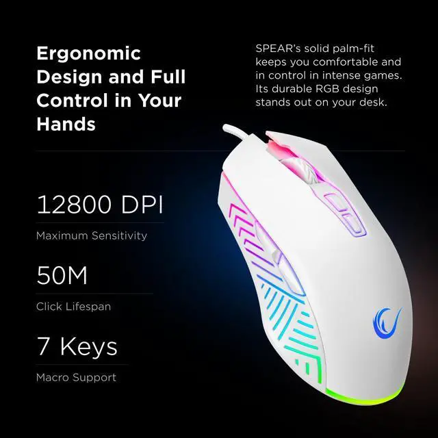 Alt view image 3 of 7 - Spear V2 White Wired Gaming Mouse with RGB Lighting 12800 DPI, 7 Programmable Buttons, Lightweight Ergonomic Gaming Mouse for PC/Mac/Laptop Gamers