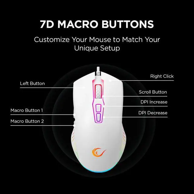 Alt view image 4 of 7 - Spear V2 White Wired Gaming Mouse with RGB Lighting 12800 DPI, 7 Programmable Buttons, Lightweight Ergonomic Gaming Mouse for PC/Mac/Laptop Gamers