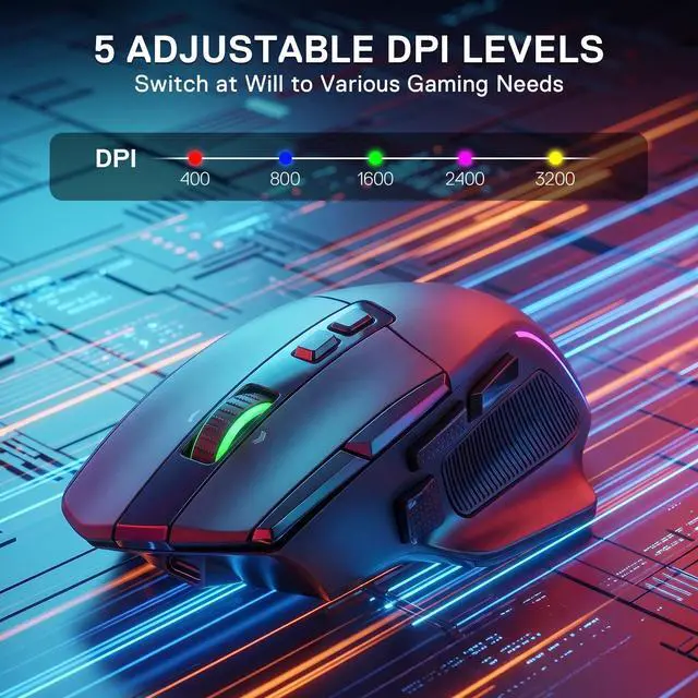 Alt view image 2 of 7 - Wireless Gaming Mouse, 26,000 Max DPI Optical RGB Mice with 10 Programmable Buttons, Hyper-Fast Scroll, Software Supports DIY Keybinds & DPI, Black