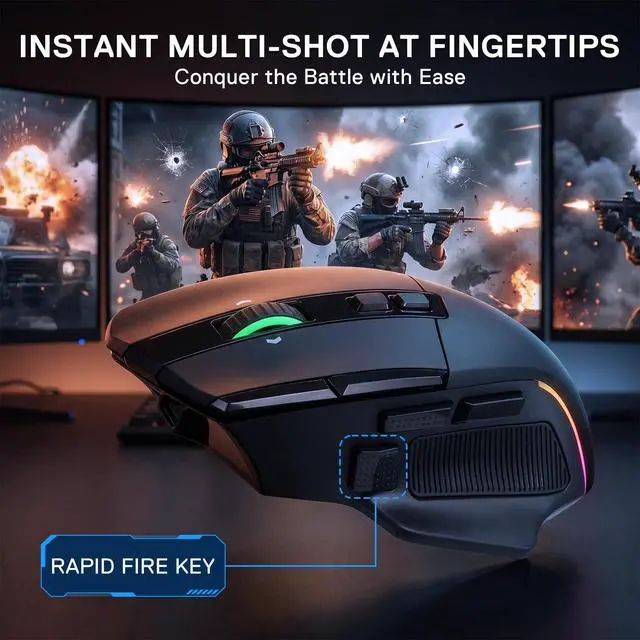 Alt view image 4 of 7 - Wireless Gaming Mouse, 26,000 Max DPI Optical RGB Mice with 10 Programmable Buttons, Hyper-Fast Scroll, Software Supports DIY Keybinds & DPI, Black