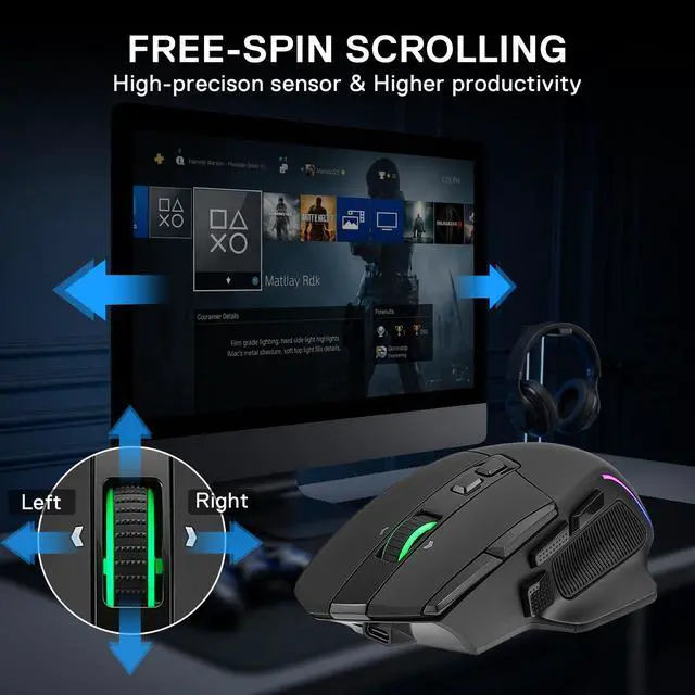 Alt view image 3 of 7 - Wireless Gaming Mouse, 26,000 Max DPI Optical RGB Mice with 10 Programmable Buttons, Hyper-Fast Scroll, Software Supports DIY Keybinds & DPI, Black