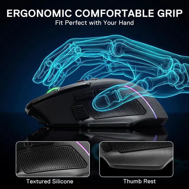 Alt view image 5 of 7 - Wireless Gaming Mouse, 26,000 Max DPI Optical RGB Mice with 10 Programmable Buttons, Hyper-Fast Scroll, Software Supports DIY Keybinds & DPI, Black