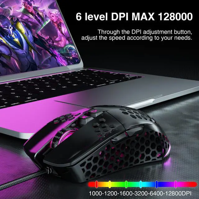 Alt view image 3 of 7 - Gaming Mouse Wired with RGB,Honeycomb Shell,12800 DPI Wired Gaming Mouse with Buttons,Computer Mouse for Laptop/PC,Black