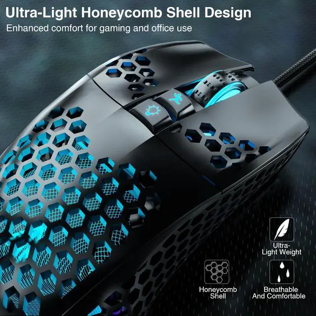 Alt view image 4 of 7 - Gaming Mouse Wired with RGB,Honeycomb Shell,12800 DPI Wired Gaming Mouse with Buttons,Computer Mouse for Laptop/PC,Black