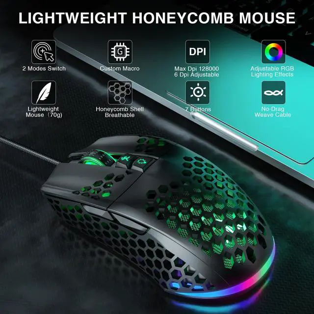 Alt view image 2 of 7 - Gaming Mouse Wired with RGB,Honeycomb Shell,12800 DPI Wired Gaming Mouse with Buttons,Computer Mouse for Laptop/PC,Black