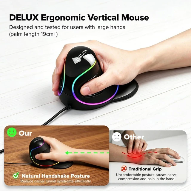 Alt view image 3 of 7 - Ergonomic Vertical Mouse, Wired Ergo Mouse for Large Hands, 6 Programmable Buttons, Up to 12800 DPI, Removable Wrist Rest, Vibrant RGB Backlit, for Windows 7/8/10/XP/Vista (M618Plus RGB-Wired)