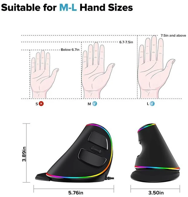 Alt view image 7 of 7 - Ergonomic Vertical Mouse, Wired Ergo Mouse for Large Hands, 6 Programmable Buttons, Up to 12800 DPI, Removable Wrist Rest, Vibrant RGB Backlit, for Windows 7/8/10/XP/Vista (M618Plus RGB-Wired)