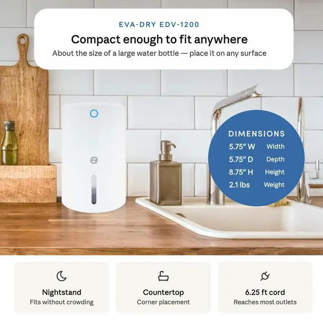 Alt view image 2 of 4 - EDV-1200 Mini Electric Dehumidifier Up to 133 Sq Ft | Quiet Compact Peltier | Bathroom, Bedroom, Closet, RV & Small Spaces | Auto Shut-Off | 22.5W