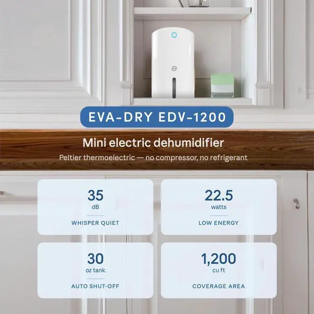 Alt view image 4 of 4 - EDV-1200 Mini Electric Dehumidifier Up to 133 Sq Ft | Quiet Compact Peltier | Bathroom, Bedroom, Closet, RV & Small Spaces | Auto Shut-Off | 22.5W