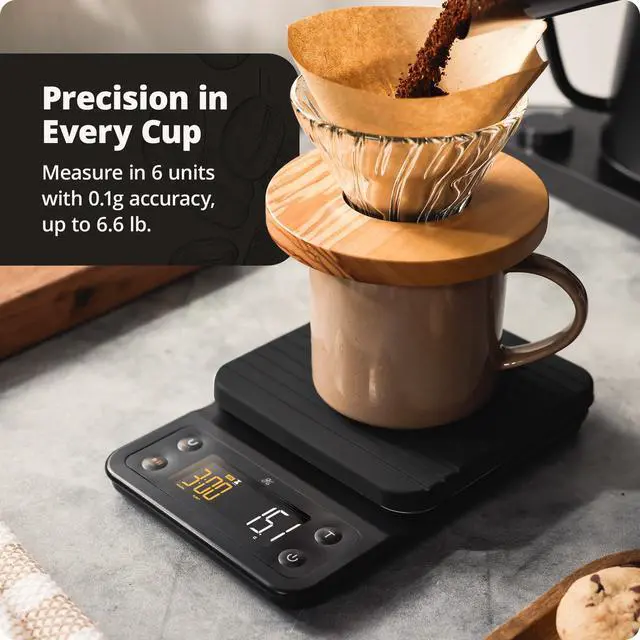 Alt view image 3 of 7 - Coffee Scale with Timer, 0.1g Precision Digital Espresso & Pour Over Scale for Chemex, V60, Drip & Matcha Weighing, Waterproof Silicone Cover, 6.6lb Barista Brew Capacity (Onyx Black)