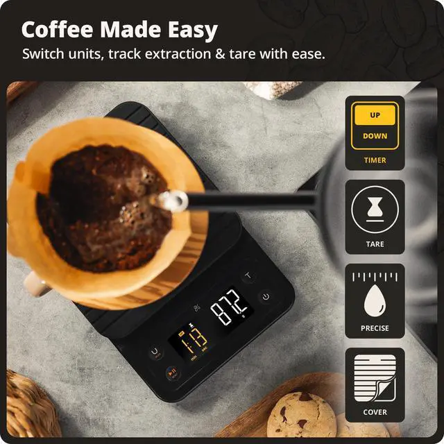 Alt view image 2 of 7 - Coffee Scale with Timer, 0.1g Precision Digital Espresso & Pour Over Scale for Chemex, V60, Drip & Matcha Weighing, Waterproof Silicone Cover, 6.6lb Barista Brew Capacity (Onyx Black)