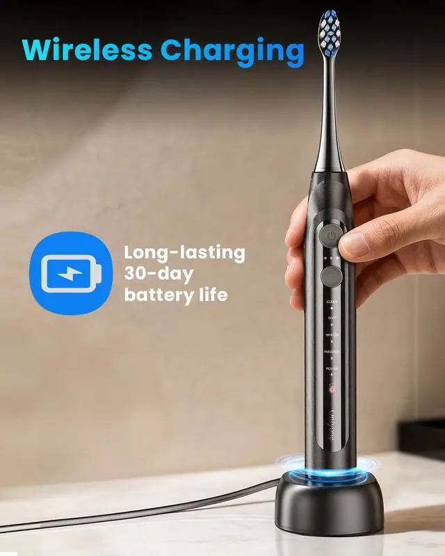 Alt view image 5 of 7 - Electric Toothbrush for Adults, Rechargeable Electric Toothbrush with 8 Brush Heads, Travel Case, Charging Base & Wireless Charging - 5 Modes with Smart Timer