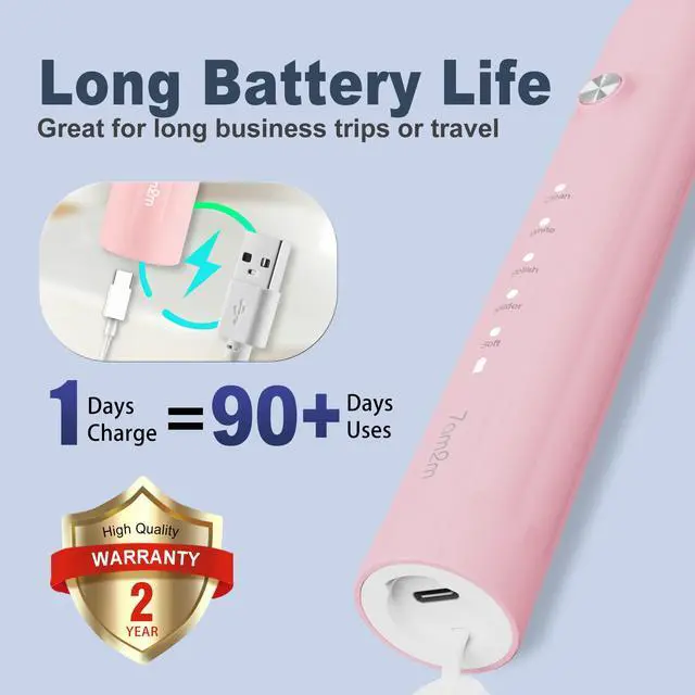 Alt view image 6 of 6 - Sonic Electric Toothbrush for Adults and Kids, with 8 Brush Heads and Travel Case,5 Modes with 2 Minutes Built in Smart Timer, One Charge Use for 90 Days, Rechargeable Toothbrushes(Pink)