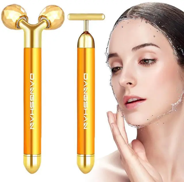 Main image of 2-in-1 Electric Face Massager 24k Golden Facial Massager, 3D Roller and T Shape Facial Roller Massager Kit Skin Care Tools