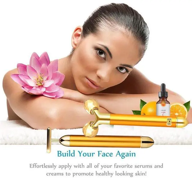 Alt view image 5 of 7 - 2-in-1 Electric Face Massager 24k Golden Facial Massager, 3D Roller and T Shape Facial Roller Massager Kit Skin Care Tools