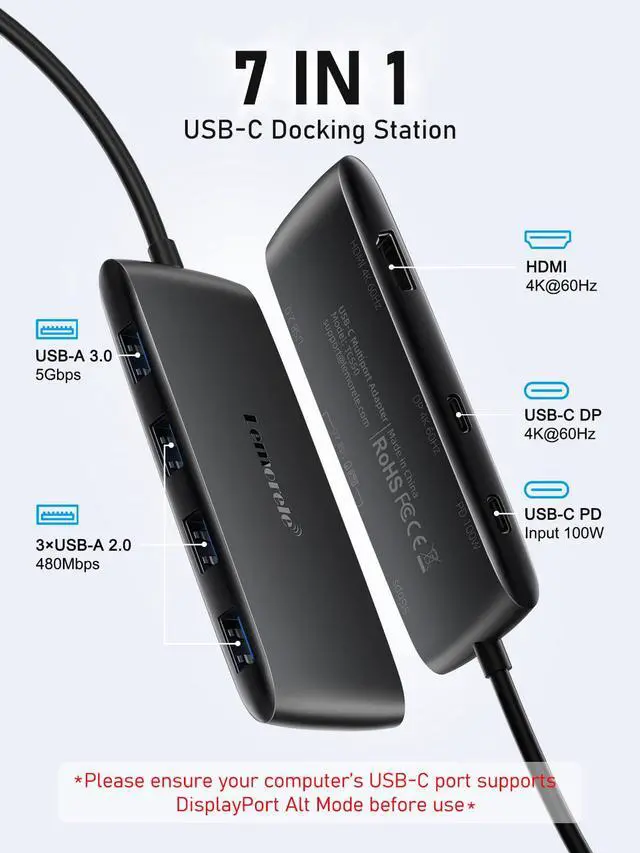 Alt view image 2 of 7 - 7-in-1 USB-C Hub, Dual 4K USB-C DP Alt & HDMI, 100W PD