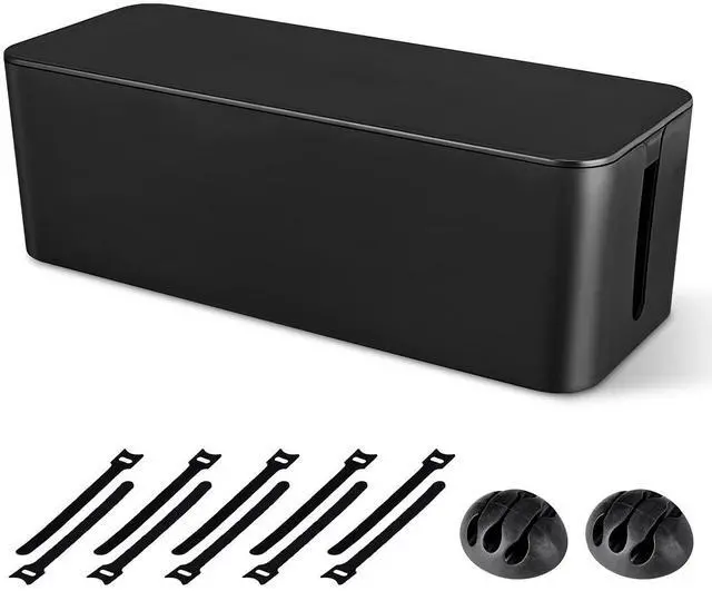 Main image of Cable Management Box, Large Cord Organizer Box to Hide Power Strip & Under Desk,TV Computer Wires Cable Organizer Hider Box with Cable Clips&Reusable Cable Ties for Home/Office(Black)