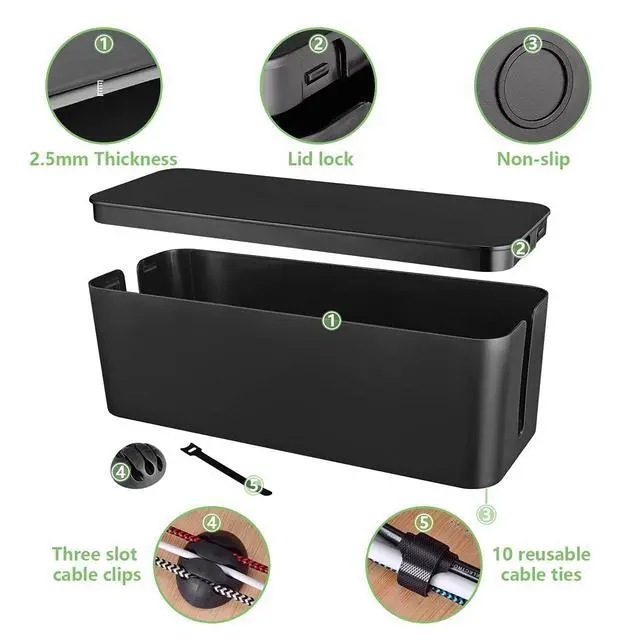 Alt view image 4 of 7 - Cable Management Box, Large Cord Organizer Box to Hide Power Strip & Under Desk,TV Computer Wires Cable Organizer Hider Box with Cable Clips&Reusable Cable Ties for Home/Office(Black)