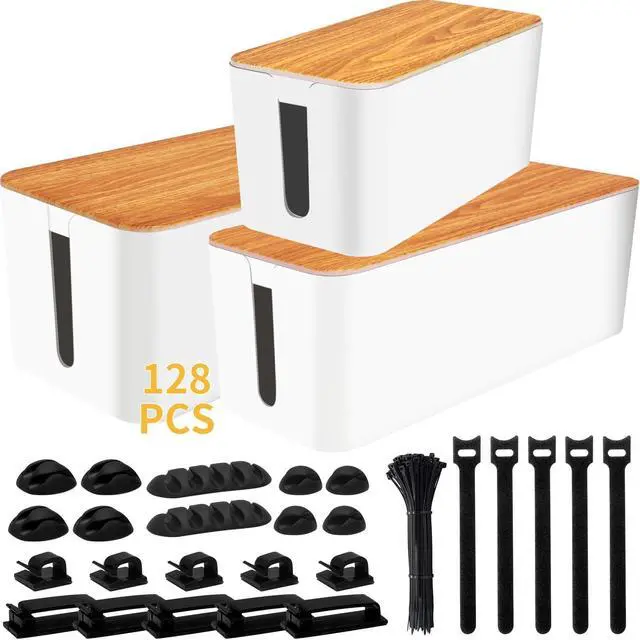 Main image of Cable Management Box Cable Management Kit for Power Strip to Hide Wires,Cord Organizer Boxes,Safe ABS Material Wire Organizer of Cable Clips Sleeve for Home & Office,3Pack-128PCS/White