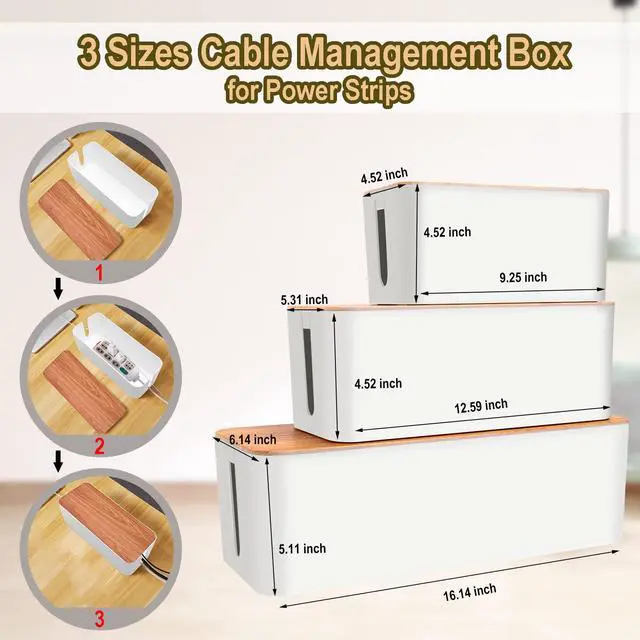 Alt view image 2 of 7 - Cable Management Box Cable Management Kit for Power Strip to Hide Wires,Cord Organizer Boxes,Safe ABS Material Wire Organizer of Cable Clips Sleeve for Home & Office,3Pack-128PCS/White
