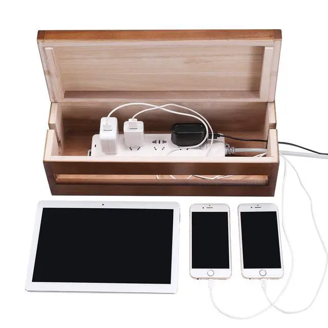 Alt view image 3 of 7 - Cable Management Box Wooden Cord Organizer Box for Extension Cord Power Stripe Surge Protector Wire Management Concealer Cover Hider for Desktop Home Office Kitchen (Brown)