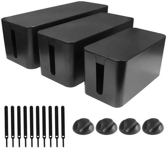 Main image of Cable Management Box 3 Pack - Cord Organizer Box for Desk TV Computer - Large Medium Small Power Strip Cover & Wire Hider - Child & Pet Safe ABS Cord Box with Cable Ties - Black