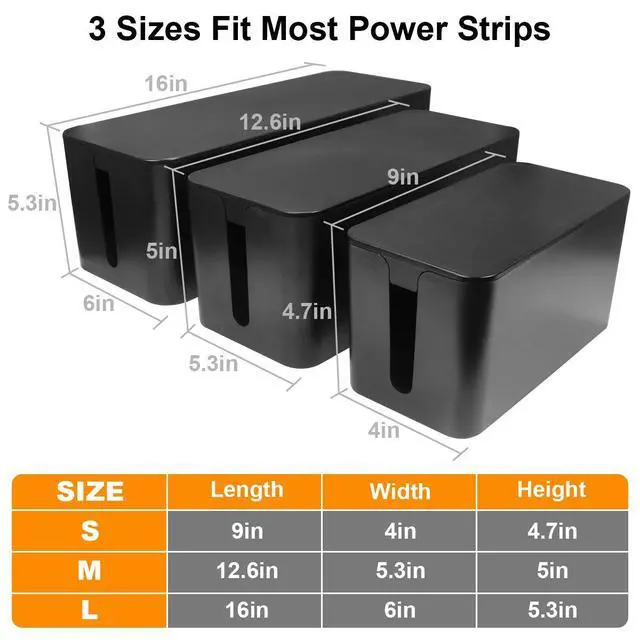 Alt view image 6 of 7 - Cable Management Box 3 Pack - Cord Organizer Box for Desk TV Computer - Large Medium Small Power Strip Cover & Wire Hider - Child & Pet Safe ABS Cord Box with Cable Ties - Black