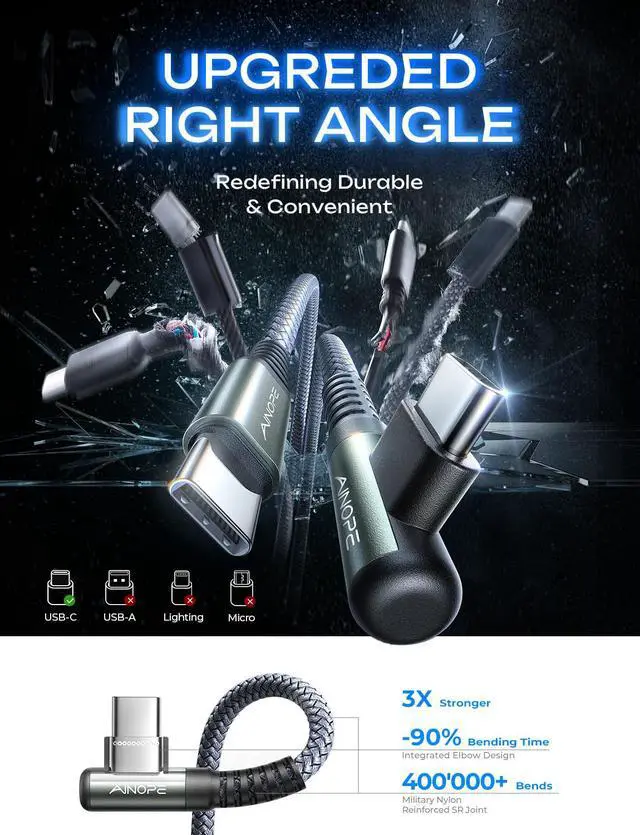 Alt view image 2 of 7 - USB C to USB C Cable (60W 2Pack 6.6ft) C to C Cable Fast Charging Type C Charger Fast Charging, Right Angle for Charging While Gaming & Lying Down Fit for iPhone 17 Pro Max Samsung iPad MacBook
