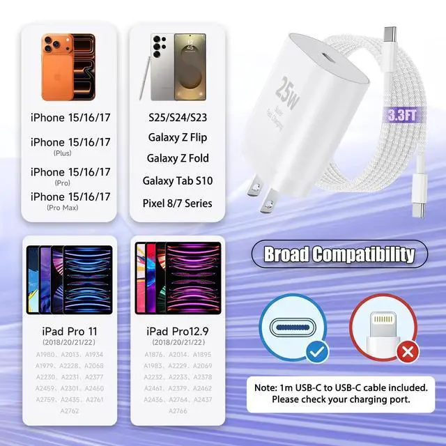Alt view image 2 of 7 - USBC iPad Fast Charger and 3FT USB C Cable Cord, 25W Type C Fast Charger for Apple iPad Pro 11/12.9/13/2025-2018/iPad Air 5/4th Gen,iPhone 15 16 17 Pro Max/Mini/iPad Charger Fast Charging