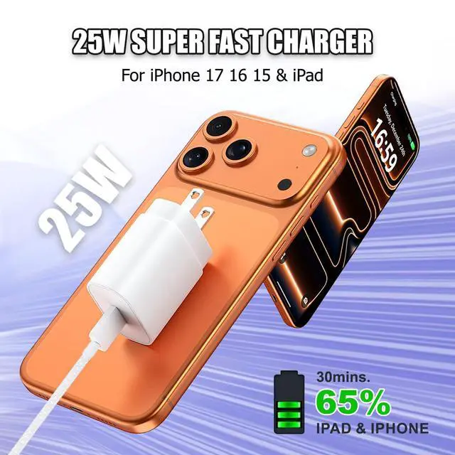Alt view image 3 of 7 - USBC iPad Fast Charger and 3FT USB C Cable Cord, 25W Type C Fast Charger for Apple iPad Pro 11/12.9/13/2025-2018/iPad Air 5/4th Gen,iPhone 15 16 17 Pro Max/Mini/iPad Charger Fast Charging
