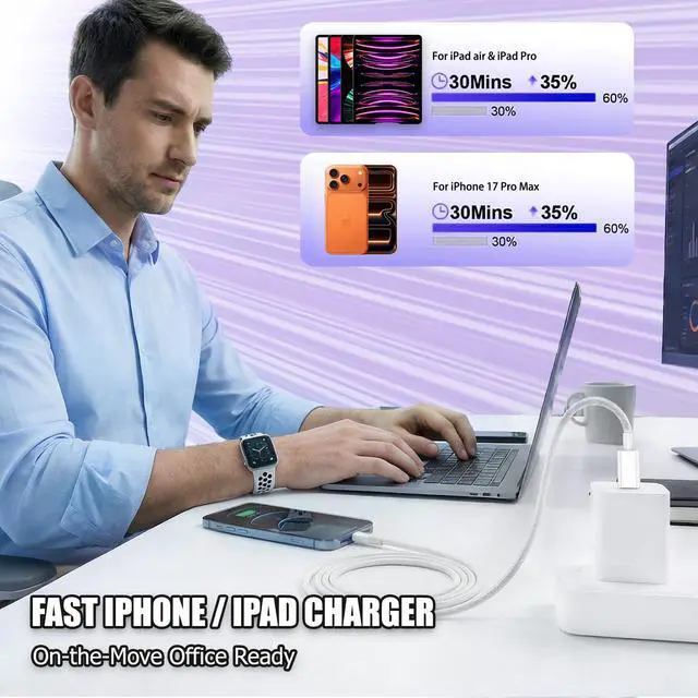 Alt view image 4 of 7 - USBC iPad Fast Charger and 3FT USB C Cable Cord, 25W Type C Fast Charger for Apple iPad Pro 11/12.9/13/2025-2018/iPad Air 5/4th Gen,iPhone 15 16 17 Pro Max/Mini/iPad Charger Fast Charging