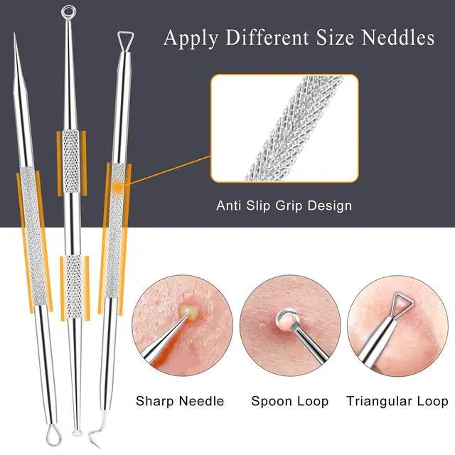 Alt view image 4 of 7 - Pimple Popper Tool Kit - 6 Pcs Blackhead Remover Comedone Extractor Tool Kit with Metal Case for Quick and Easy Removal of Pimples, Blackheads, Zit Removing, Forehead, Facial and Nose(Silver)
