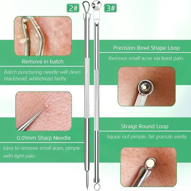 Alt view image 4 of 7 - 5PCS Blackhead Remover Comedone Extractor, Curved Blackhead Tweezers Kit, Professional Stainless Pimple Acne Blemish Removal Tools Kit for Manual