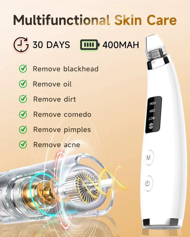 Alt view image 6 of 7 - Blackhead Remover Vacuum, Type-C Rechargeable Pore Cleaner with 3 Adjustable Suction, 6 Probes & Comedone Extractor Tool Kit for Women and Men, White Heads Removal for Face & Nose (White)